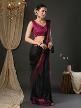 Women's Aura Silk Black Woven Design Designer Saree With Blouse Piece